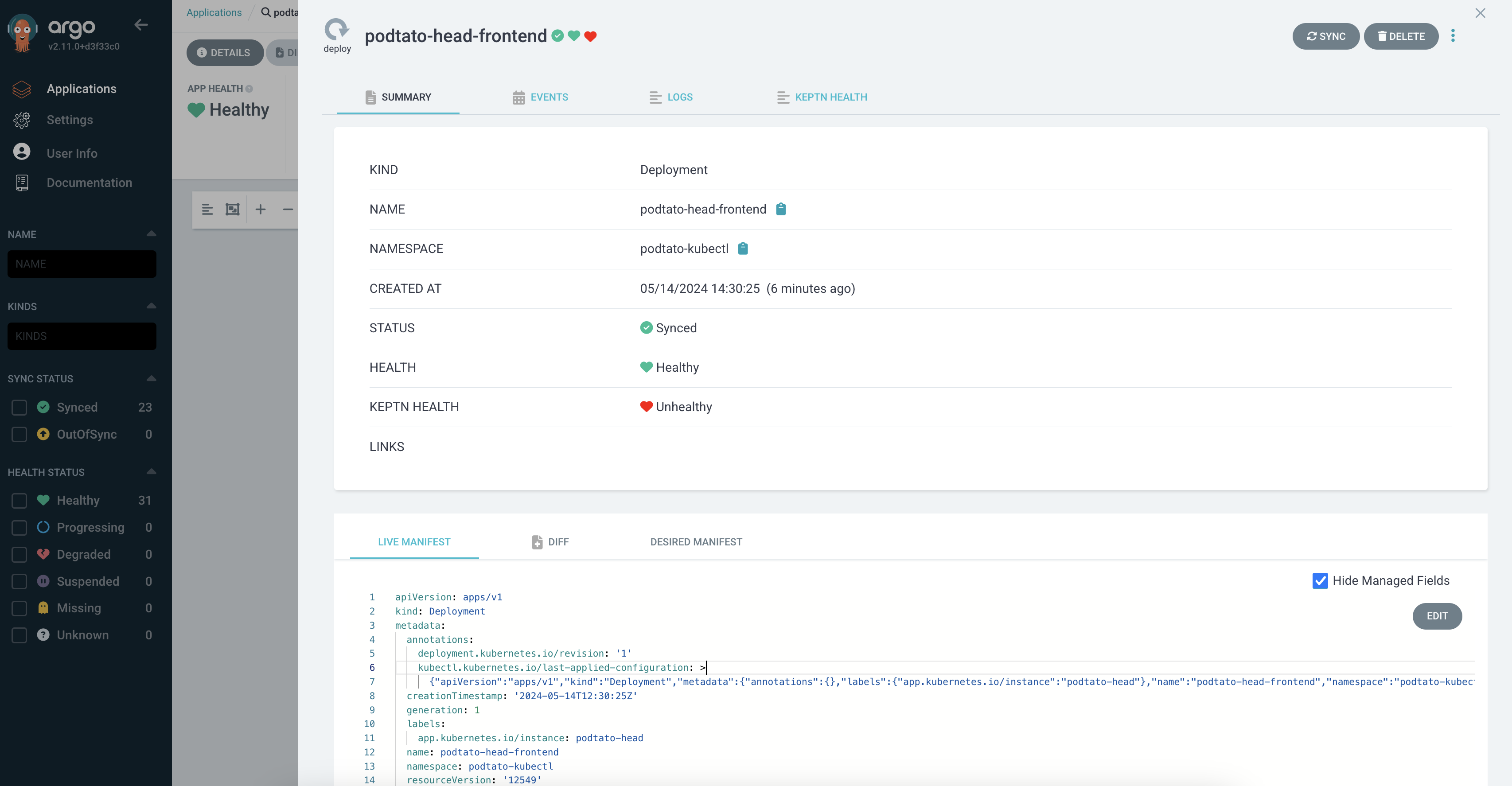 Details screen unhealthy